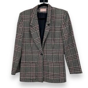Vintage Classic Directions Blazer Wool Blend Pink And Gray Houndstooth Women's 8